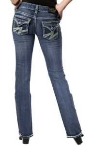 Rock & Roll Cowgirl® Women's Medium Denim w/ Lightning Bolt Stitch Flap Pocket Low Rise Boot Cut Jean- 34in Inseam