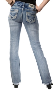 Rock & Roll Cowgirl® Women's Light Wash Rhinestone Embroidered Low Rise Boot Cut Jean- 34in Inseam