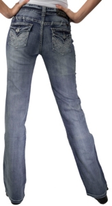 Rock & Roll Cowgirl® Women's Light Denim w/ Embroidery & Nailheads Flap Pocket Mid Rise Boot Cut Jean- 34in Inseam