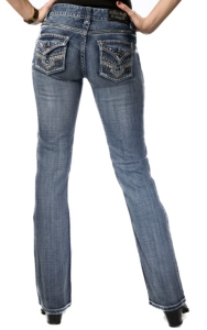 Rock & Roll Cowgirl® Women's Light Denim w/ Diamond Shape Flap Pocket Mid Rise Boot Cut Jean- 34in Inseam