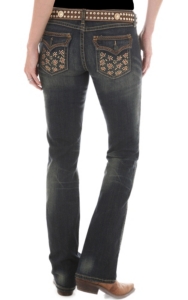 Rock 47™ by Wrangler® Women's Bronze Studded Flap Pocket Ultra Low Rise Jeans