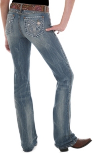 Rock 47™ by Wrangler® Women's Fleur De Lis Open Ablong Flap Pocket Low Rise Boot Cut Jeans