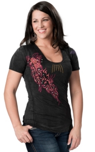 Roar® Women's Reviver Black with Pink, Yellow and Purple Embroidery Short Sleeve Tee