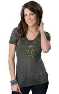 Roar® Women's Arena Gray with Turquoise and Gold Cross Embroidery, Rhinestones and Studs Short Sleeve Tee