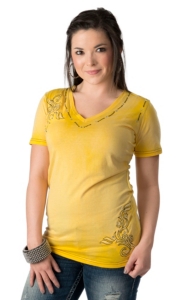 Roar® Women's Imagined Yellow Embroidered Short Sleeve V-Neck Tee