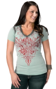 Roar® Women's Aquarius Sky Blue with Red Embroidery and Rhinestones Short Sleeve V-Neck Tee