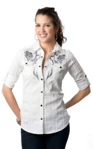 Roar® Women's Lattice White with Black Embroidery Long Sleeve Western Shirt