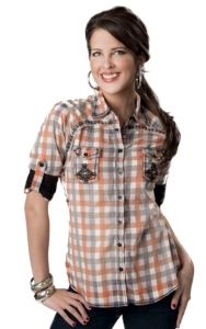 Roar® Women's Florentine Orange and Grey Plaid with Embroidery and Crystals 3/4 Sleeve Western Shirt