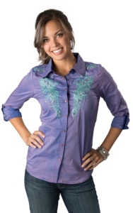 Roar® Women's Aquarius II Purple with Aqua Embroidery 3/4-Long Sleeve Western Shirt
