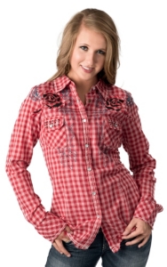 Roar® Women's Paint The Town Red Plaid w/ Embroidery & Rhinestones Long Sleeve Western Shirt