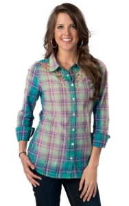 Roar® Women's American Summer Lime Green, Turquoise & Pink Plaid with Embroidery Long Sleeve Western Shirt