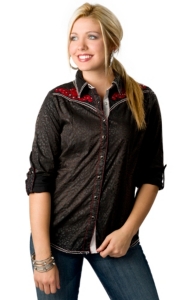 Roar® Women's Black Distressed Leopard with Red Embroidery Long Sleeve Western Shirt