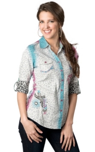 Roar® Women's Roar Electric Leopard, Pink and Blue with Floral Embroidery Long Sleeve Western Shirt