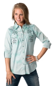 Roar® Women's Ikat Get Enough Mint Embroidered Rhinestone Long or 3/4 Sleeve Western Shirt