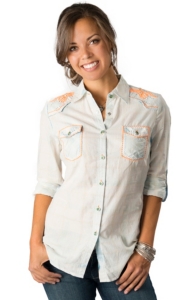 Roar® Women's Spirited II Faded Blue and Yellow Plaid with Neon Orange Embroidery 3/4-Long Sleeve Western Shirt