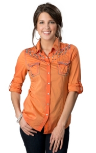 Roar® Women's Take To Flight Orange with Embroidery and Crystals Long Sleeve Western Shirt