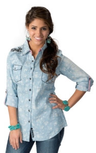 Roar® Women's Sweet Ellie Sky Blue with White Floral Print & Black and Pink Embroidery Long Sleeve Western Shirt