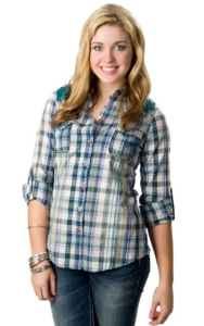 Roar® Women's Sasafras Blue Plaid with Turquoise Lace and Sequins Long Sleeve Western Shirt