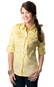Roar® Women's Reved Yellow Tie Dyed with Embroidery and Rhinestones Long Sleeve Western Shirt