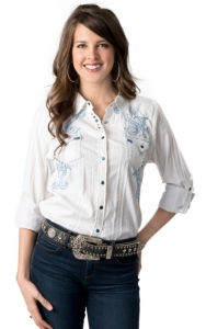 Roar® Women's Tornado White Stripe w/ Light Blue Embroidery Cross Long or 3/4 Sleeve Western Shirt