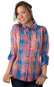 Roar® Women's Infinity Blue, Orange and Pink Distressed Plaid with Black Embroidery Long Sleeve Western Shirt