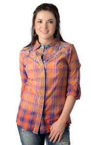 Roar® Women's Chailenger Mrs Orange Plaid w/ Embroidery & Studs Long Sleeve Western Shirt