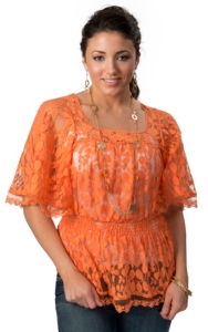 Angie® Women's Orange Lace with Wide 3/4 Sleeves Fashion Top