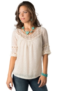 Angie® Women's Ivory Swiss Dot and Lace 3/4 Sleeve Fashion Top