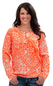 Angie® Women's White with Neon Orange Flower Print Long Sleeve Fashion Top