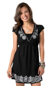 Angie® Women's Black with White Embroidery V-Neck Short Sleeve Dress
