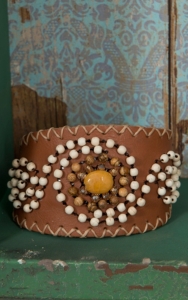 Pannee® Cream & Brown Beaded Swirl Tan Leather Cuff