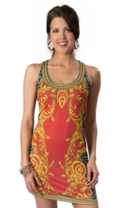 Billy™ by Flying Tomato® Coral with Gold Scroll and Grey Leopard Print Sleeveless Dress