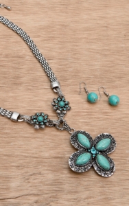 Wear N.E. Wear® Turquoise and Silver Cross Pendant w/ Floral Accents Necklace Jewelry Set