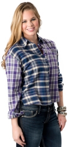 Flying Tomato® Women's Blue and Purple Plaid Hi-Lo Long Sleeve Button Down Fashion Top