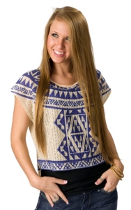 Flying Tomato® Women's Cream with Blue Aztec Print Knit and Sheer Short Sleeve Fashion Top