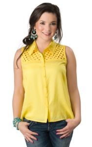Flying Tomato® Women's Lemon Yellow with Lattice Sleeveless Button Down Fashion Top