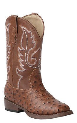 Kids Toddler Brown Ostrich Quill Cowboy Boots Print Leather Square Toe 