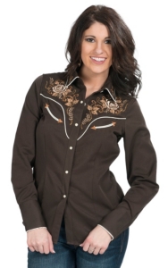 Panhandle Women's Brown with Tan & Cream Rose Embroidery Long Sleeve ...