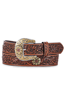 Ariat Women's Brown Tooled with Sunflower Concho Leather Belt