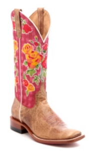 Anderson Bean Women S Macie Bean Boxy Lady Tan With Pink Gingham And Floral Embroidery Square Toe Western Boots Cavender S