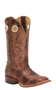 Cavender's Men's Cognac & Tobacco Full-Quill Ostrich Patchwork Double Welt Exotic Square Toe Western Boots
