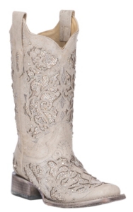 Corral Teens White Glitter Inlay & Embroidery Wedding Boots T0021