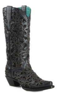 Corral Women's Black Floral Embroidered Glitter Inlay Snip Toe Western ...