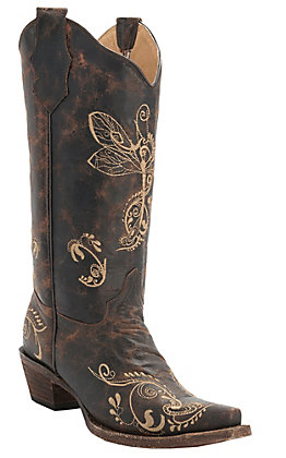 Circle G By Corral Ladies Fleur De Lis Snip Toe Leather Cowgirl Boots Tan L5177