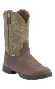 Justin Mens George Strait Oily Roasted Brown with Hunter Green Top Slip-On Waterproof Performance Boot