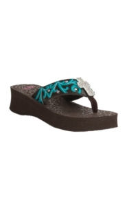 ... Miranda Chocolate with Turquoise Scrolling Crystal Cross Flip Flops
