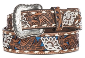 Nocona Men's Tan Genuine Leather Floral with Blue Painted Inlay Western ...