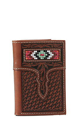 men brown floral longhorn horseshoe cowhide bifold slim tall long leather wallet