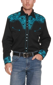 Scully Men's Black with Turquoise Floral Tooled Embroidery Long Sleeve ...